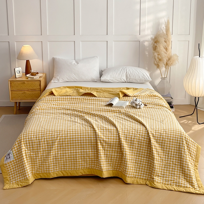 91家纺网 家纺一手货源 找家纺 yyds网供 2026新款无印格子A类里外全棉纯棉水洗棉新疆棉花夏被夏凉被空调被 黄小格