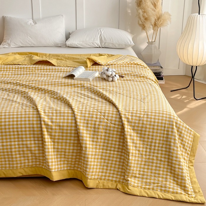 91家纺网 家纺一手货源 找家纺 yyds网供 2026新款无印格子A类里外全棉纯棉水洗棉新疆棉花夏被夏凉被空调被 黄小格