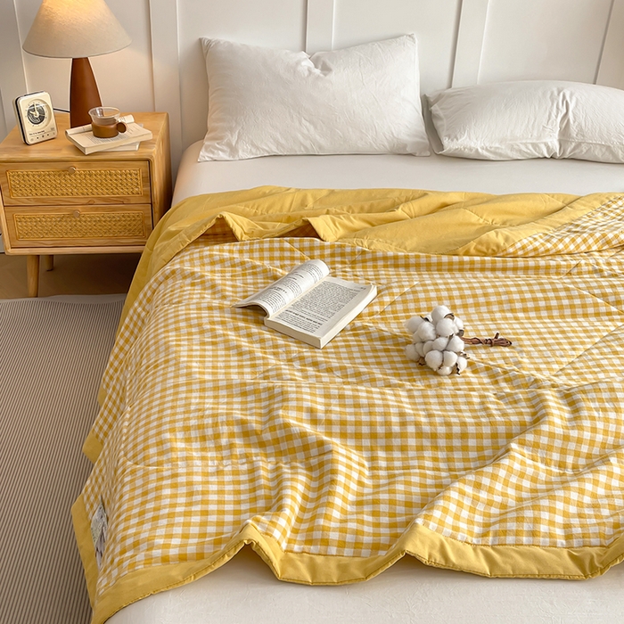 91家纺网 家纺一手货源 找家纺 yyds网供 2026新款无印格子A类里外全棉纯棉水洗棉新疆棉花夏被夏凉被空调被 黄小格