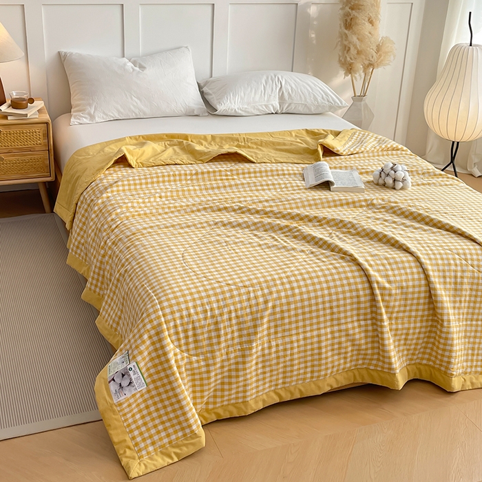 91家纺网 家纺一手货源 找家纺 yyds网供 2026新款无印格子A类里外全棉纯棉水洗棉新疆棉花夏被夏凉被空调被 黄小格