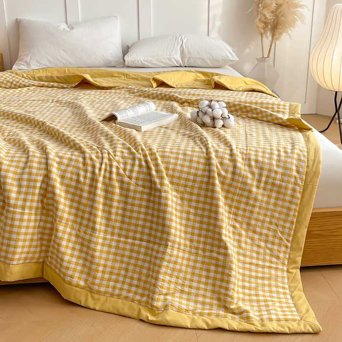 91家纺网 家纺一手货源 找家纺 yyds网供 2026新款无印格子A类里外全棉纯棉水洗棉新疆棉花夏被夏凉被空调被 黄小格