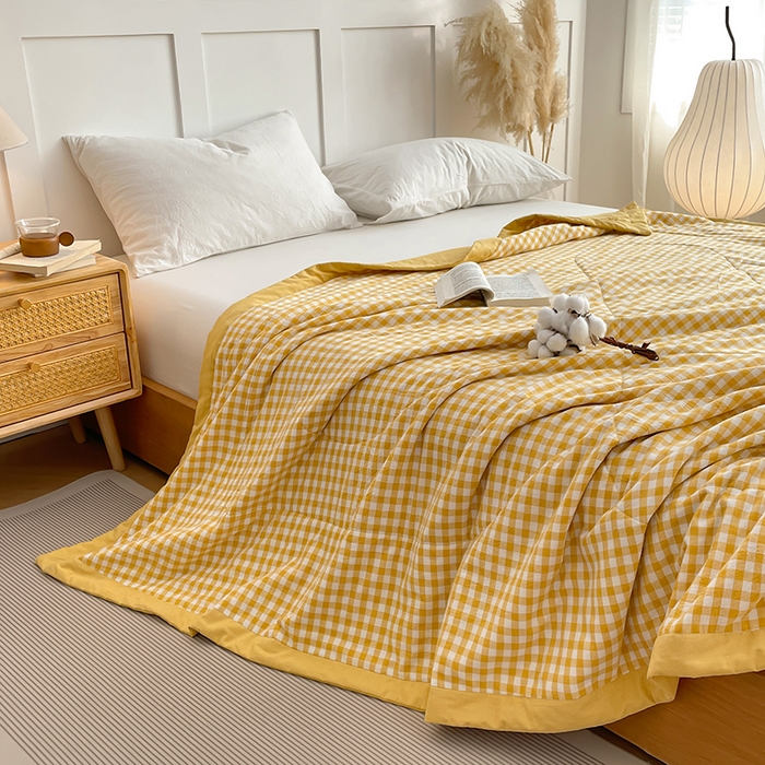 91家纺网 家纺一手货源 找家纺 yyds网供 2026新款无印格子A类里外全棉纯棉水洗棉新疆棉花夏被夏凉被空调被 黄小格