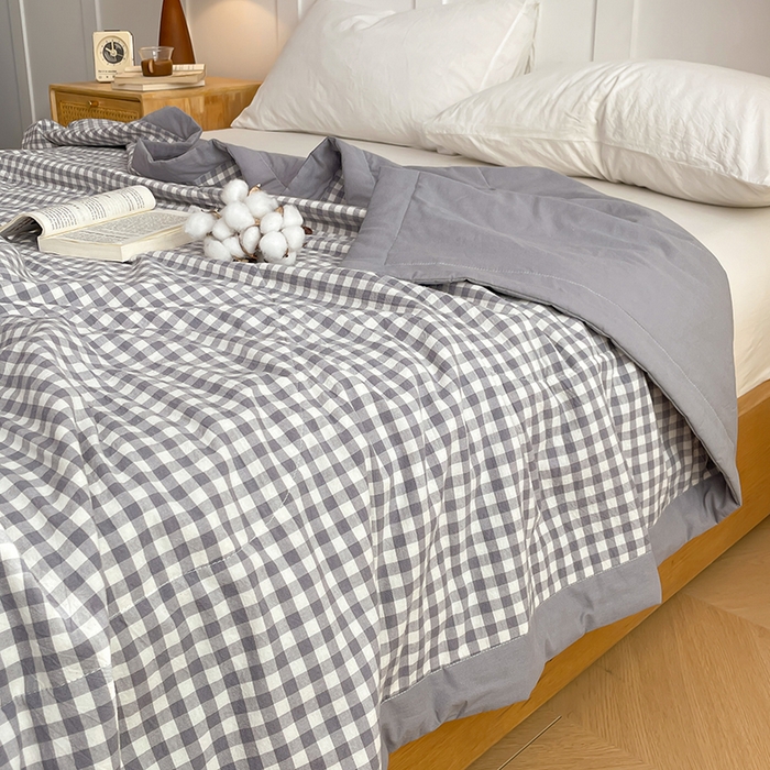 91家纺网 家纺一手货源 找家纺 yyds网供 2026新款无印格子A类里外全棉纯棉水洗棉新疆棉花夏被夏凉被空调被 灰小格