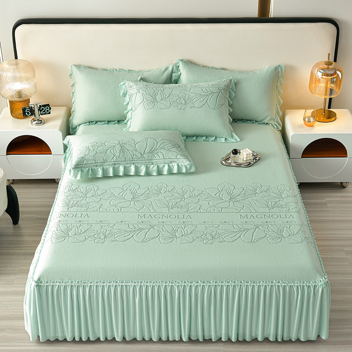 91家纺网 家纺一手货源 找家纺 诺梵家纺 2026新款 pe 乙纶立体提花凉豆豆席凉席床裙款【控价1.5米119 ；1.8米129；2.0米139】半夏-绿