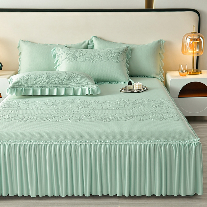 91家纺网 家纺一手货源 找家纺 诺梵家纺 2026新款 pe 乙纶立体提花凉豆豆席凉席床裙款【控价1.5米119 ；1.8米129；2.0米139】半夏-绿