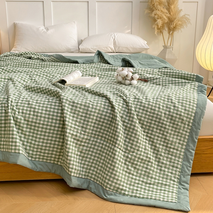 91家纺网 家纺一手货源 找家纺 yyds网供 2026新款无印格子A类里外全棉纯棉水洗棉新疆棉花夏被夏凉被空调被 绿小格