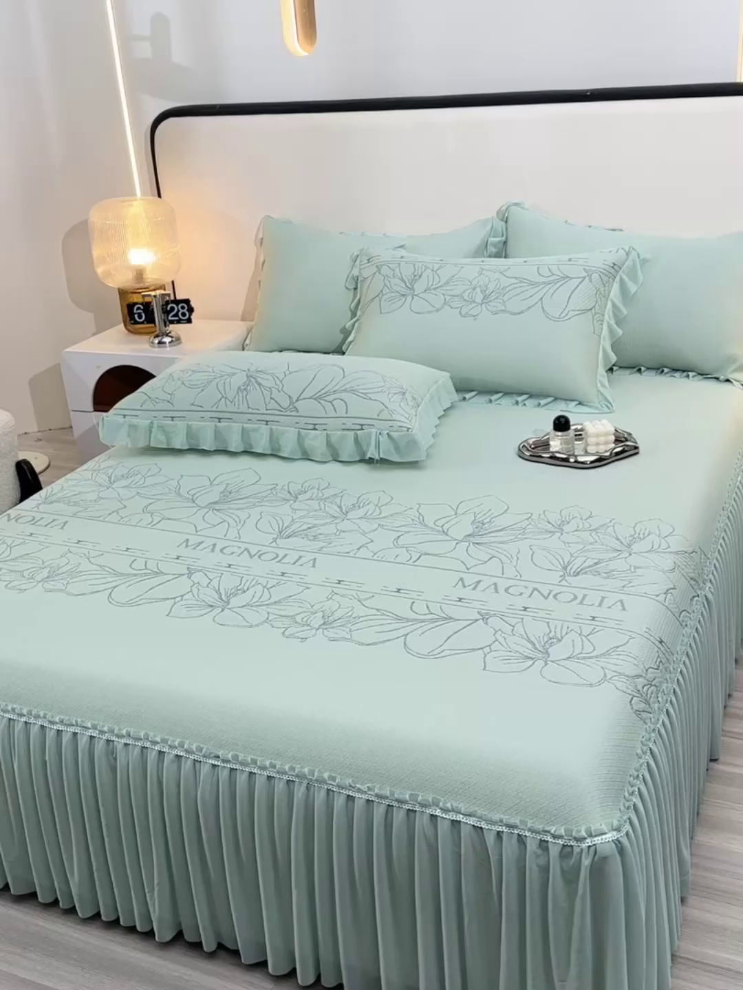 91家纺网 家纺一手货源 找家纺 诺梵家纺 2026新款 pe 乙纶立体提花凉豆豆席凉席床裙款【控价1.5米119 ；1.8米129；2.0米139】半夏-绿