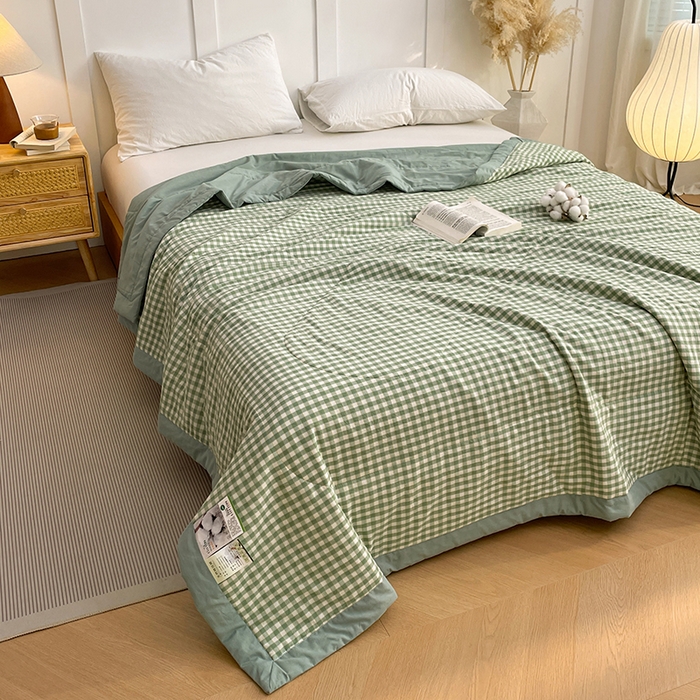 91家纺网 家纺一手货源 找家纺 yyds网供 2026新款无印格子A类里外全棉纯棉水洗棉新疆棉花夏被夏凉被空调被 绿小格