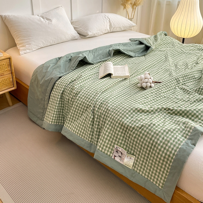 91家纺网 家纺一手货源 找家纺 yyds网供 2026新款无印格子A类里外全棉纯棉水洗棉新疆棉花夏被夏凉被空调被 绿小格