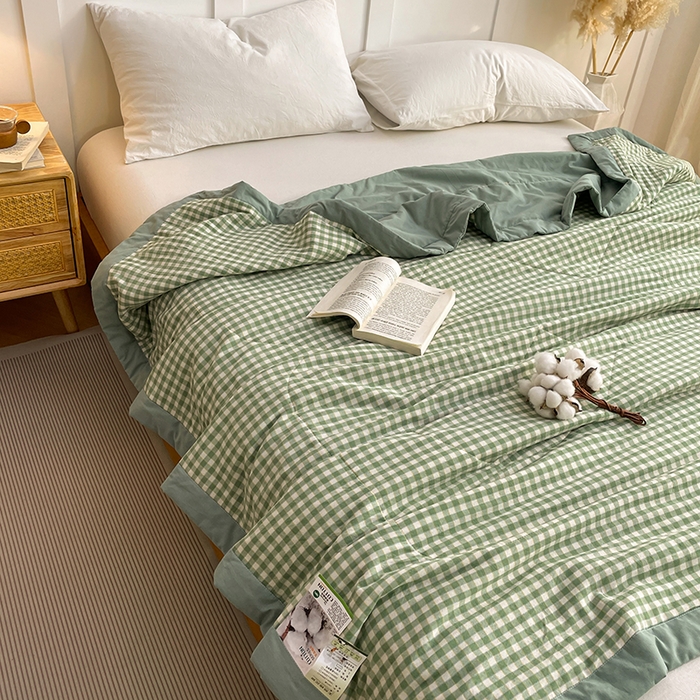 91家纺网 家纺一手货源 找家纺 yyds网供 2026新款无印格子A类里外全棉纯棉水洗棉新疆棉花夏被夏凉被空调被 绿小格
