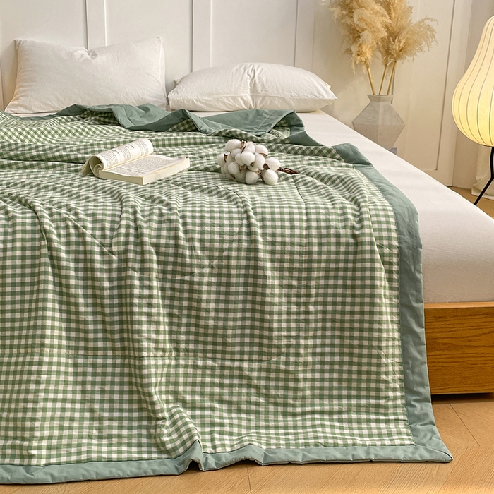91家纺网 家纺一手货源 找家纺 yyds网供 2026新款无印格子A类里外全棉纯棉水洗棉新疆棉花夏被夏凉被空调被 绿小格