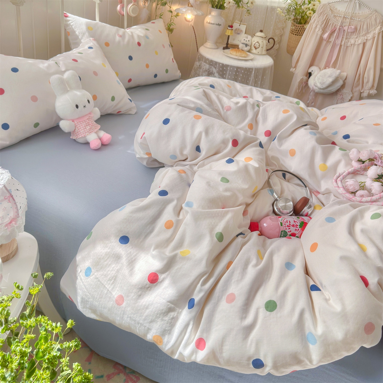 91家纺网 家纺一手货源 找家纺 名兮家居 2026春夏新款全棉纯棉A类双层纱四件套 双层纱-彩色波点