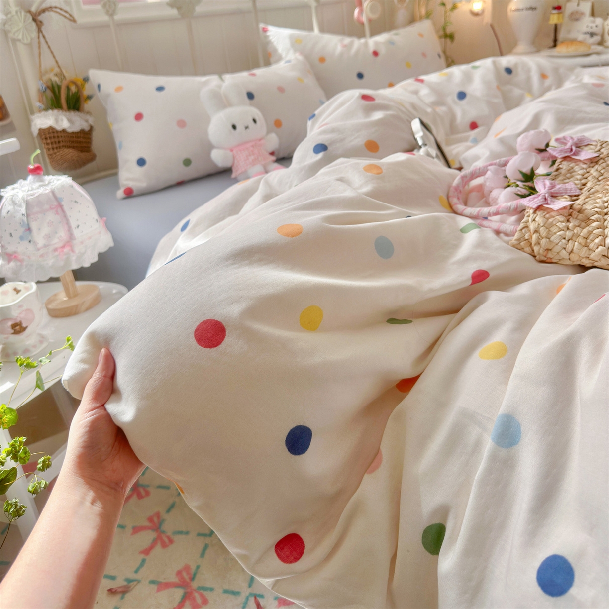 91家纺网 家纺一手货源 找家纺 名兮家居 2026春夏新款全棉纯棉A类双层纱四件套 双层纱-彩色波点