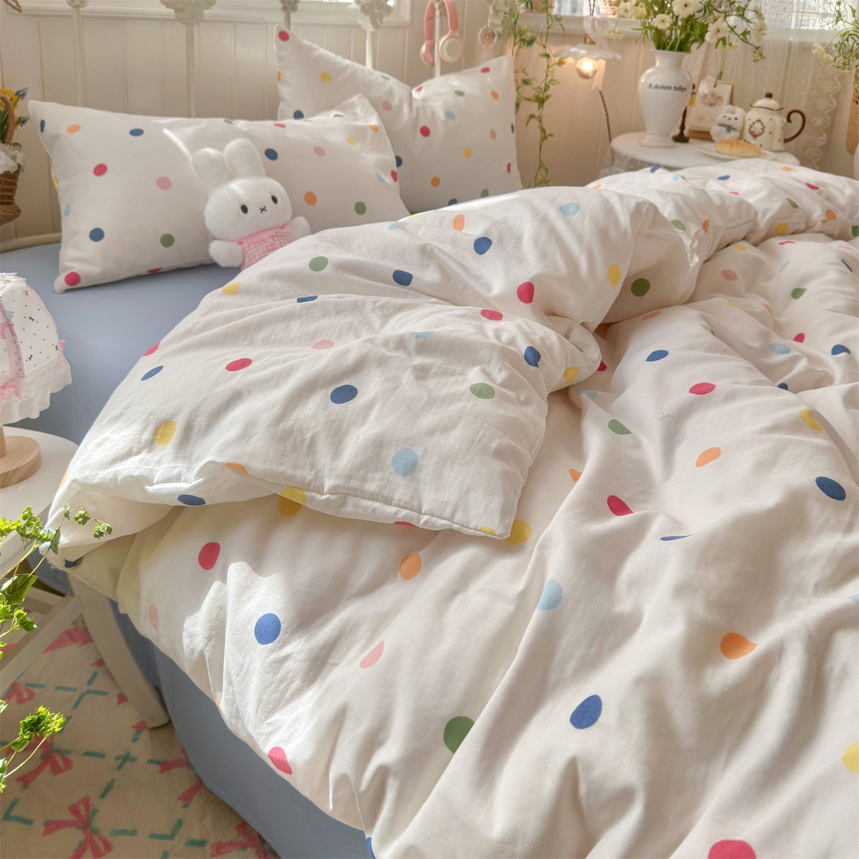 91家纺网 家纺一手货源 找家纺 名兮家居 2026春夏新款全棉纯棉A类双层纱四件套 双层纱-彩色波点