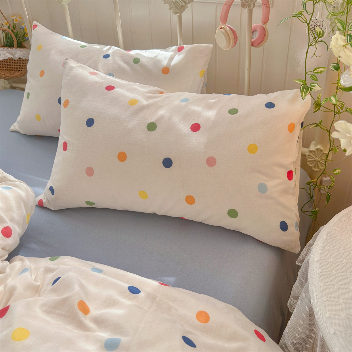 91家纺网 家纺一手货源 找家纺 名兮家居 2026春夏新款全棉纯棉A类双层纱四件套 双层纱-彩色波点