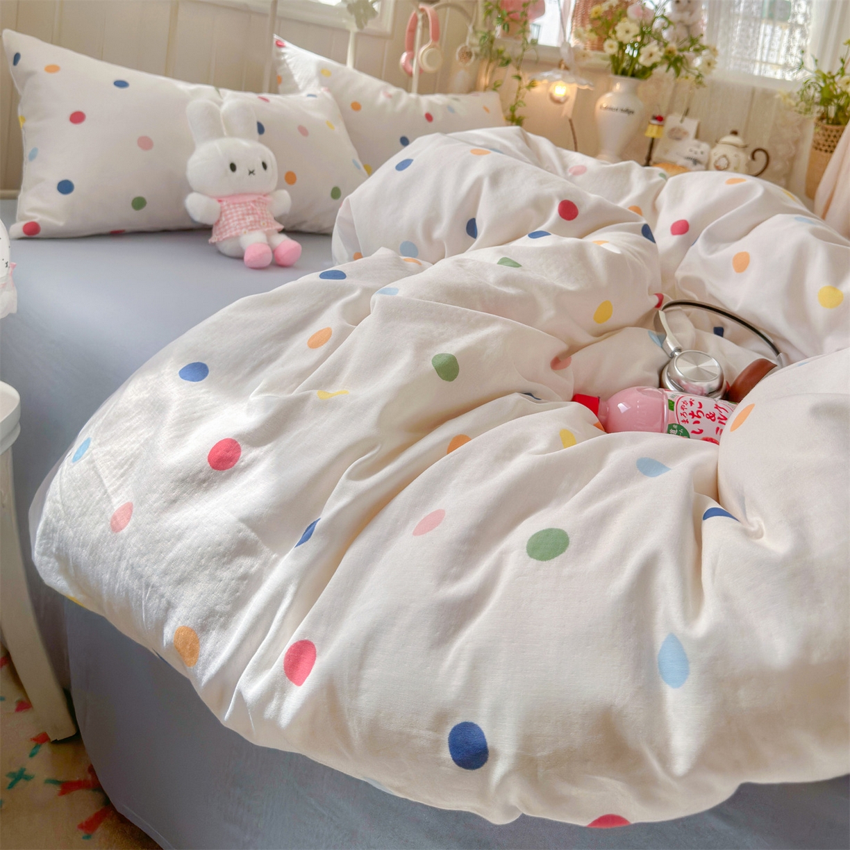 91家纺网 家纺一手货源 找家纺 名兮家居 2026春夏新款全棉纯棉A类双层纱四件套 双层纱-彩色波点