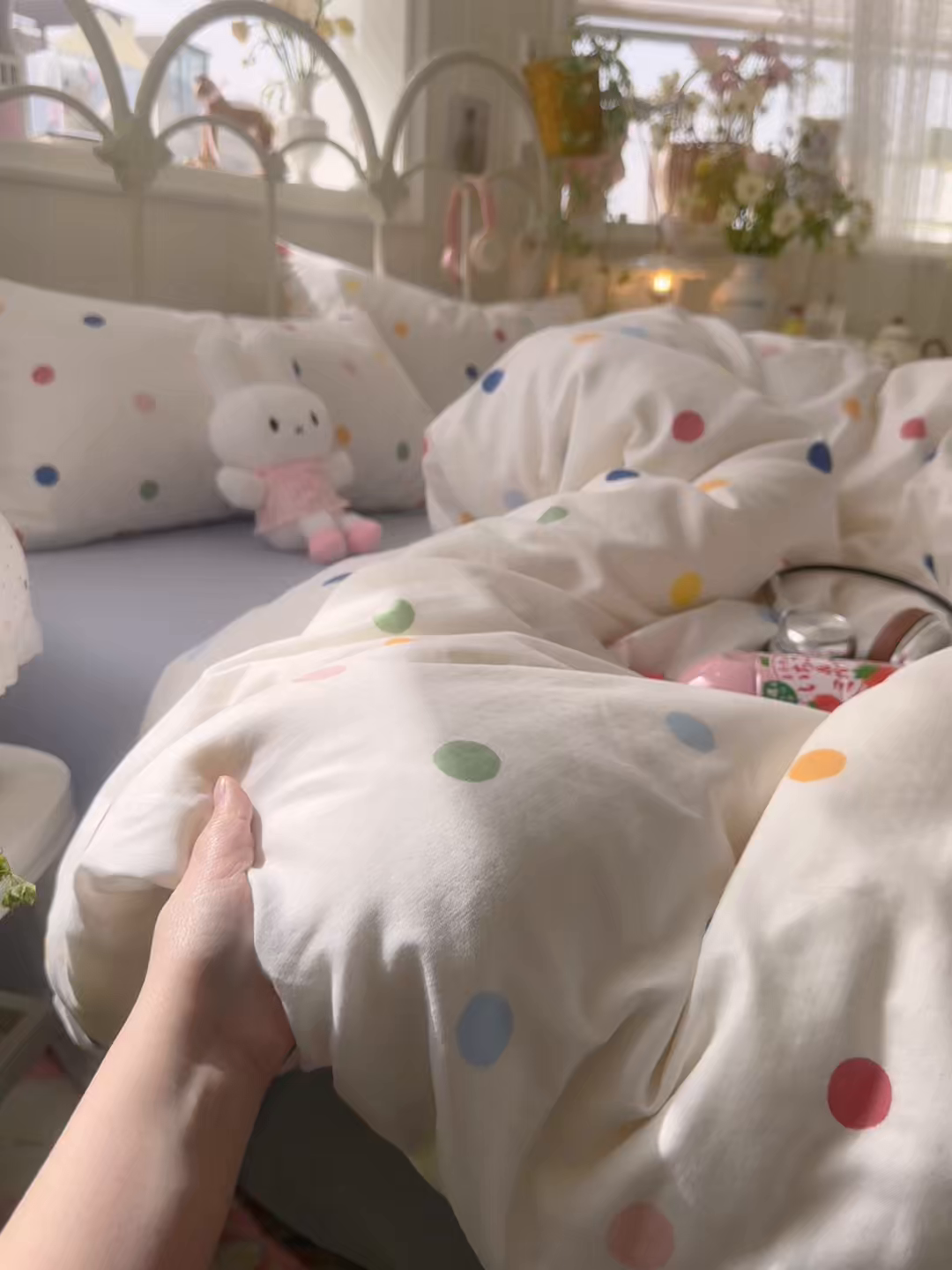 91家纺网 家纺一手货源 找家纺 名兮家居 2026春夏新款全棉纯棉A类双层纱四件套 双层纱-彩色波点