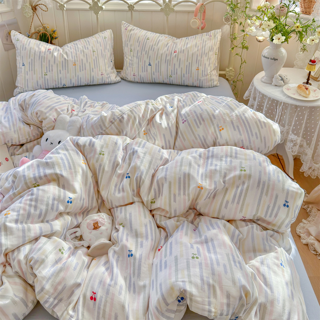 名兮家居 2026春夏新款全棉纯棉A类双层纱四件套 双层纱-彩条樱桃