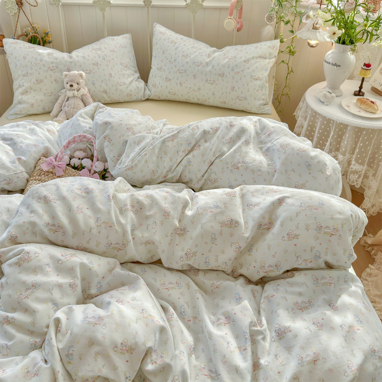 名兮家居 2026春夏新款全棉纯棉A类双层纱四件套 双层纱-花田鸭