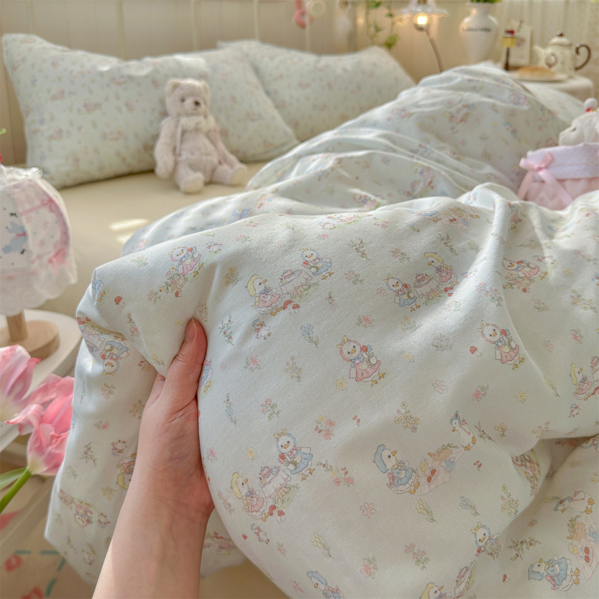 91家纺网 家纺一手货源 找家纺 名兮家居 2026春夏新款全棉纯棉A类双层纱四件套 双层纱-花田鸭