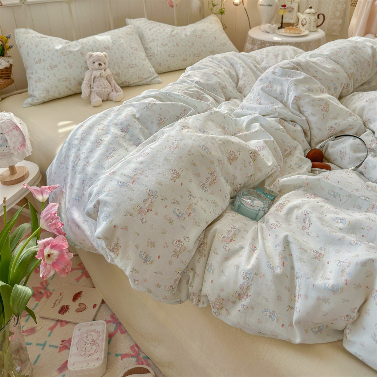 91家纺网 家纺一手货源 找家纺 名兮家居 2026春夏新款全棉纯棉A类双层纱四件套 双层纱-花田鸭