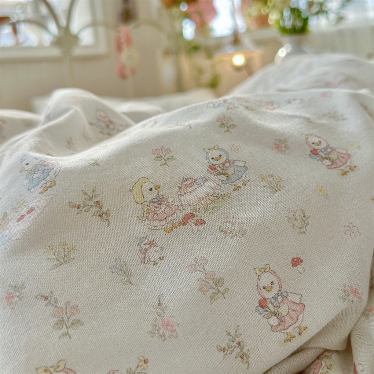 91家纺网 家纺一手货源 找家纺 名兮家居 2026春夏新款全棉纯棉A类双层纱四件套 双层纱-花田鸭