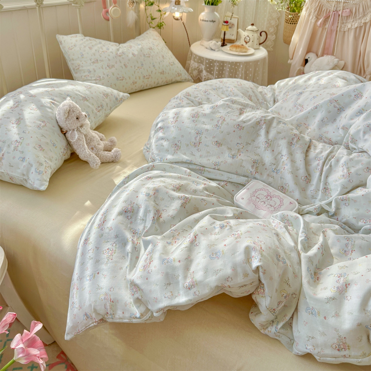 91家纺网 家纺一手货源 找家纺 名兮家居 2026春夏新款全棉纯棉A类双层纱四件套 双层纱-花田鸭