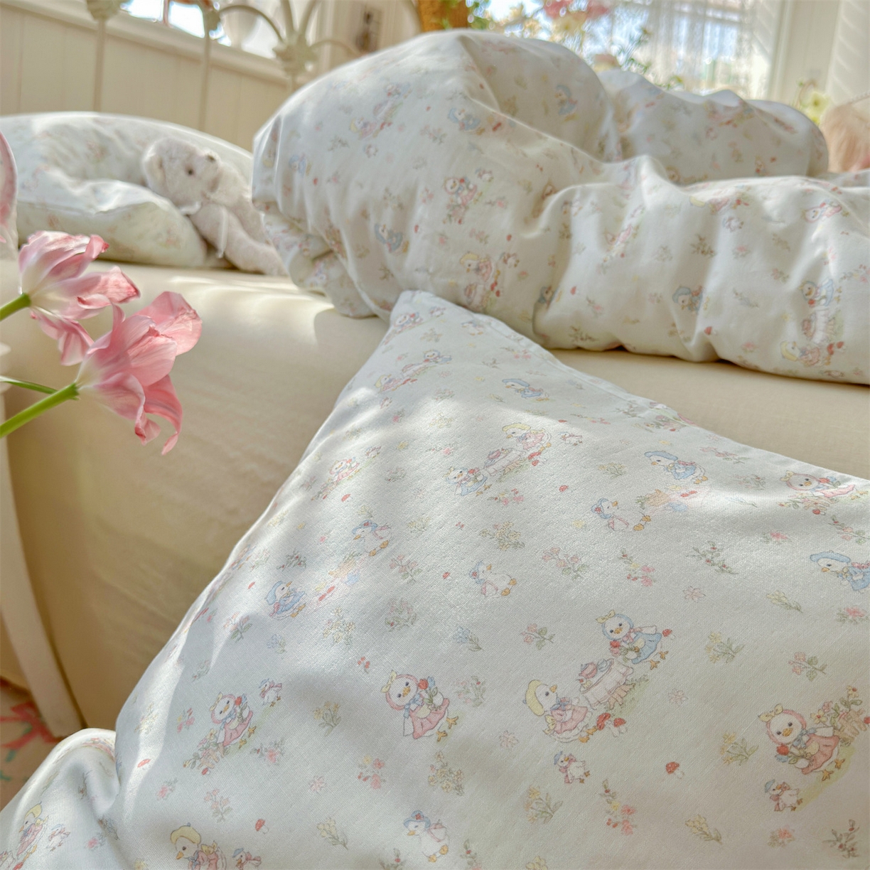 91家纺网 家纺一手货源 找家纺 名兮家居 2026春夏新款全棉纯棉A类双层纱四件套 双层纱-花田鸭