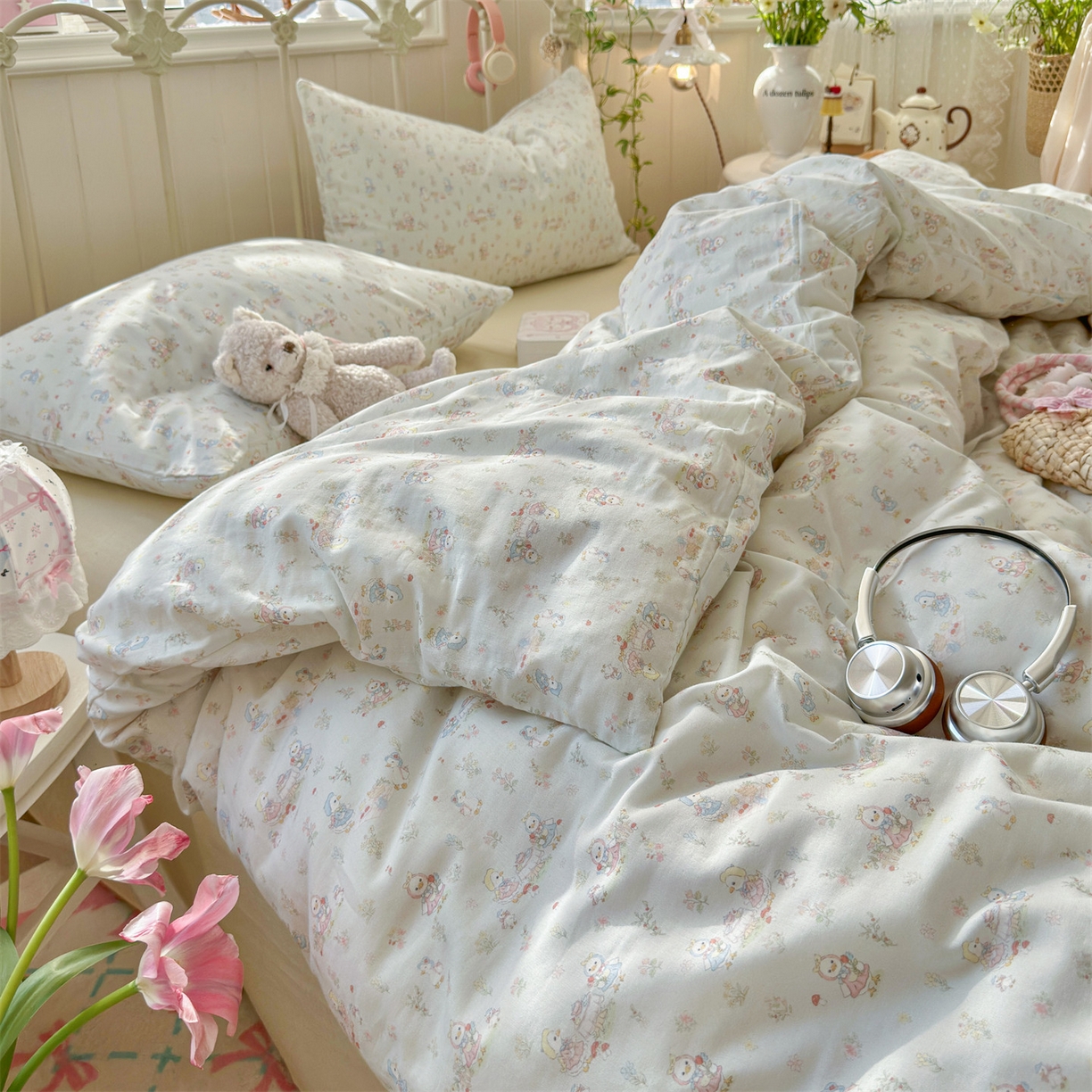 91家纺网 家纺一手货源 找家纺 名兮家居 2026春夏新款全棉纯棉A类双层纱四件套 双层纱-花田鸭