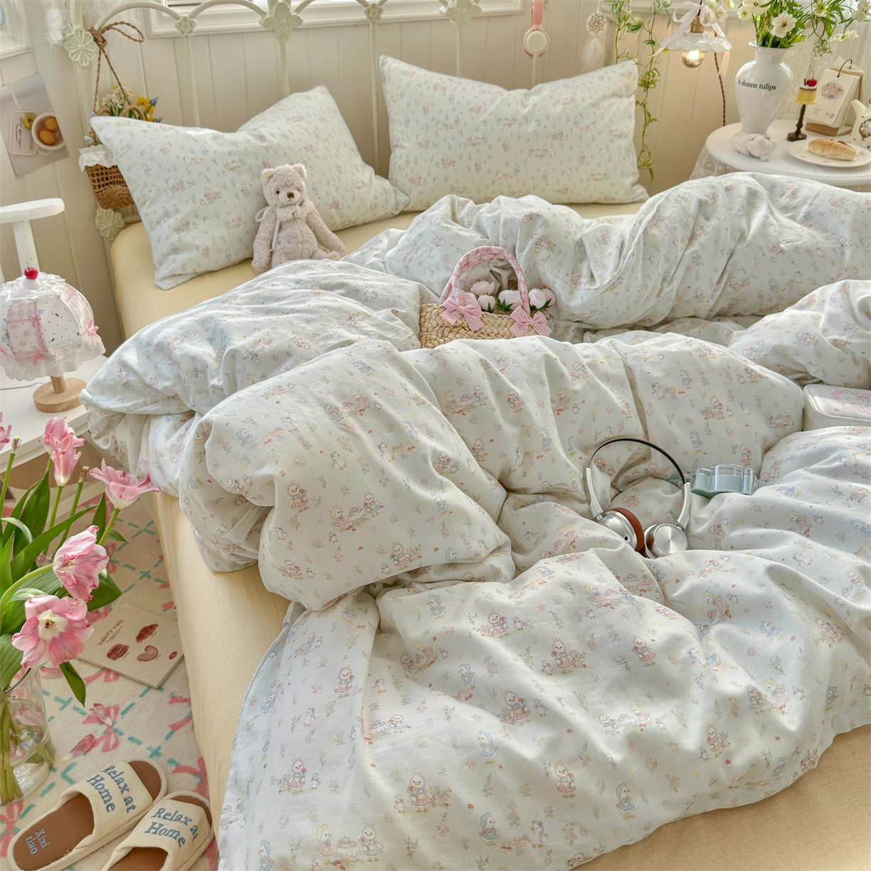 91家纺网 家纺一手货源 找家纺 名兮家居 2026春夏新款全棉纯棉A类双层纱四件套 双层纱-花田鸭