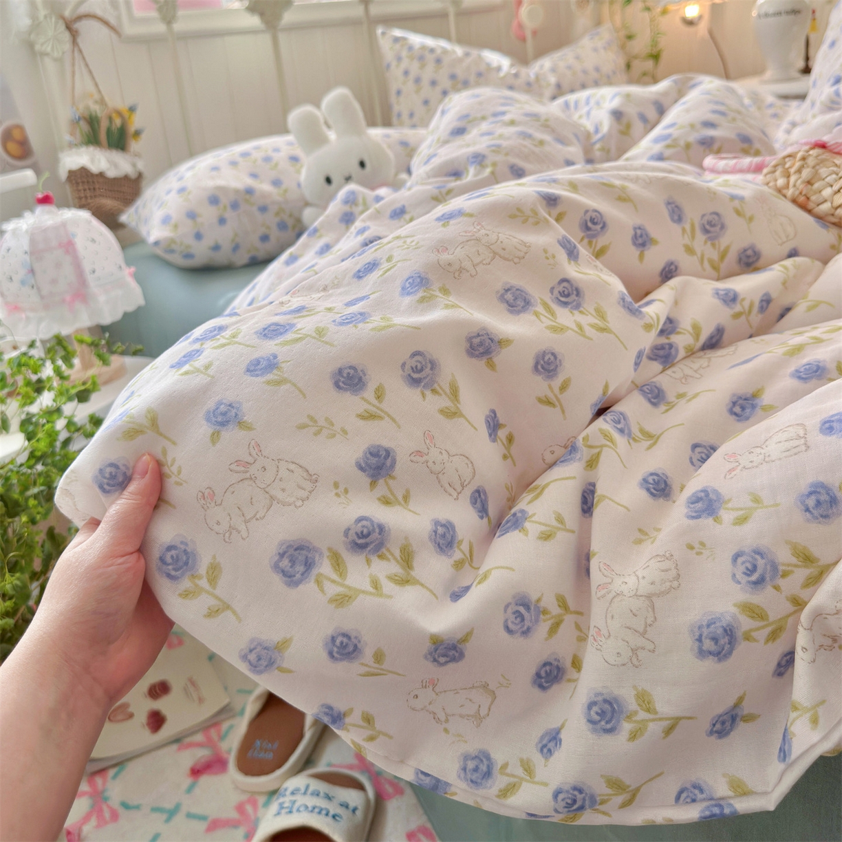 91家纺网 家纺一手货源 找家纺 名兮家居 2026春夏新款全棉纯棉A类双层纱四件套 双层纱-兰花小兔