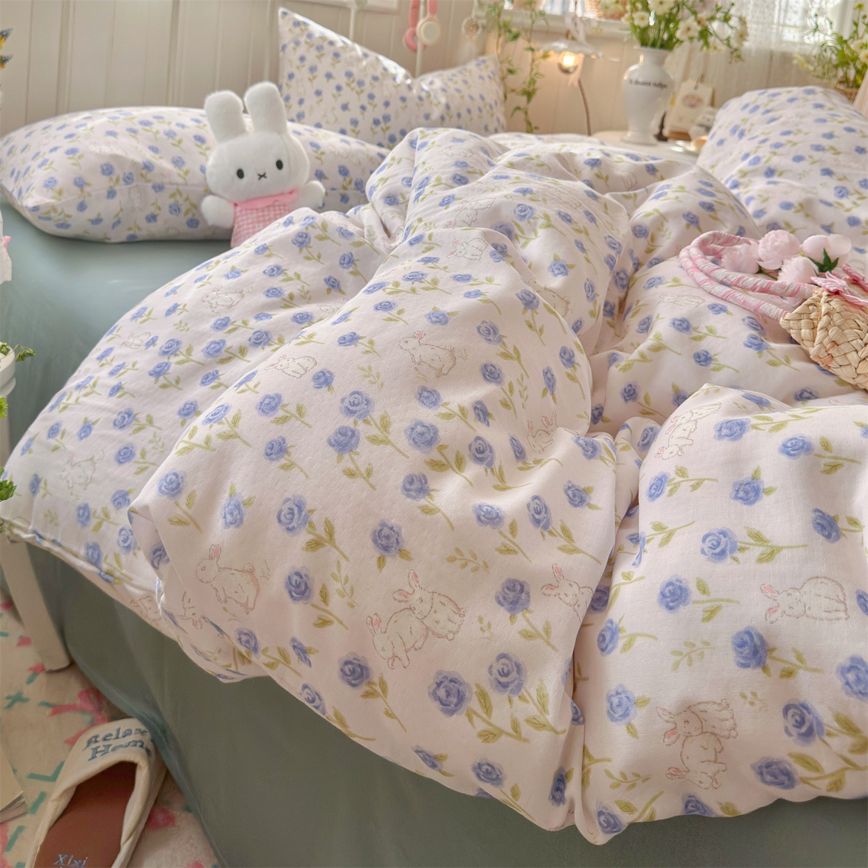 91家纺网 家纺一手货源 找家纺 名兮家居 2026春夏新款全棉纯棉A类双层纱四件套 双层纱-兰花小兔