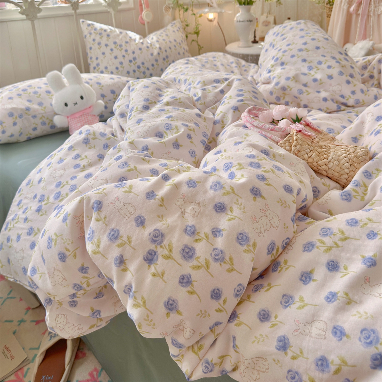 91家纺网 家纺一手货源 找家纺 名兮家居 2026春夏新款全棉纯棉A类双层纱四件套 双层纱-兰花小兔