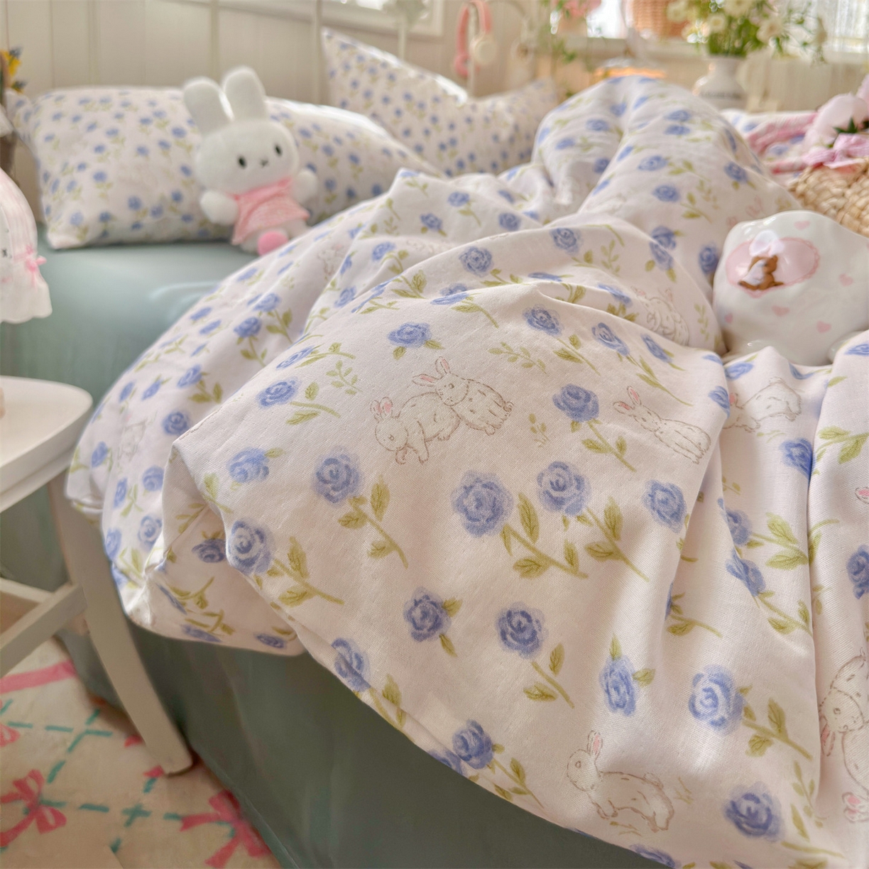 91家纺网 家纺一手货源 找家纺 名兮家居 2026春夏新款全棉纯棉A类双层纱四件套 双层纱-兰花小兔