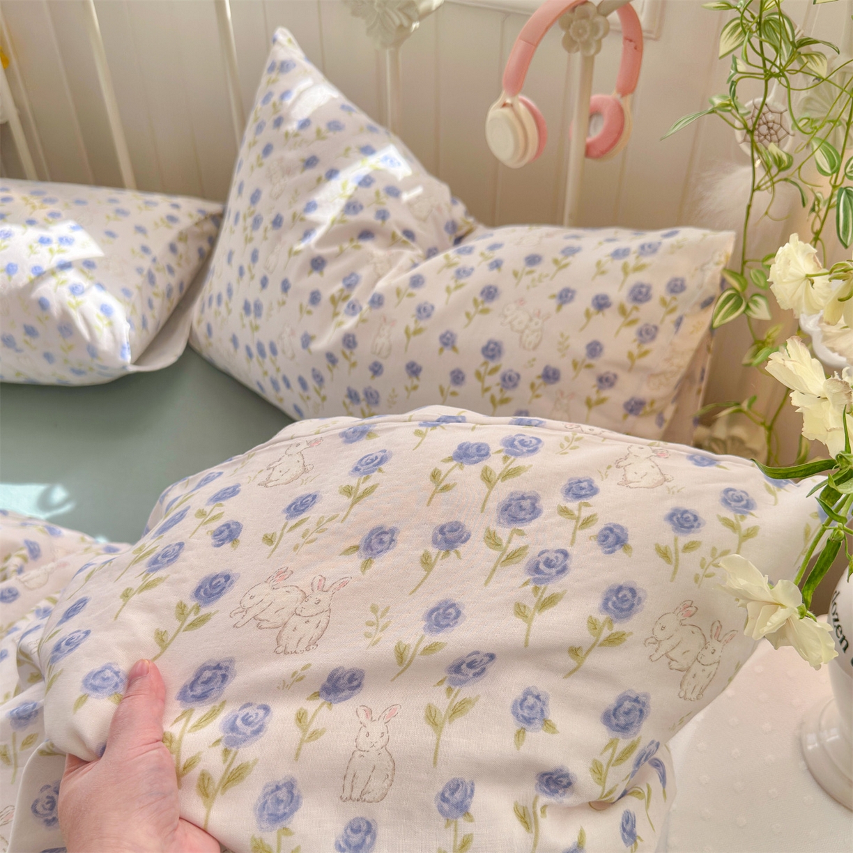 91家纺网 家纺一手货源 找家纺 名兮家居 2026春夏新款全棉纯棉A类双层纱四件套 双层纱-兰花小兔