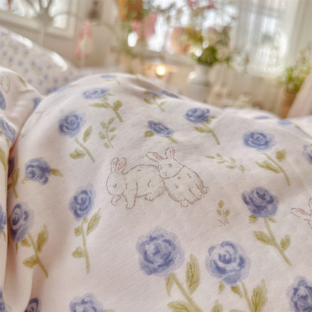 91家纺网 家纺一手货源 找家纺 名兮家居 2026春夏新款全棉纯棉A类双层纱四件套 双层纱-兰花小兔