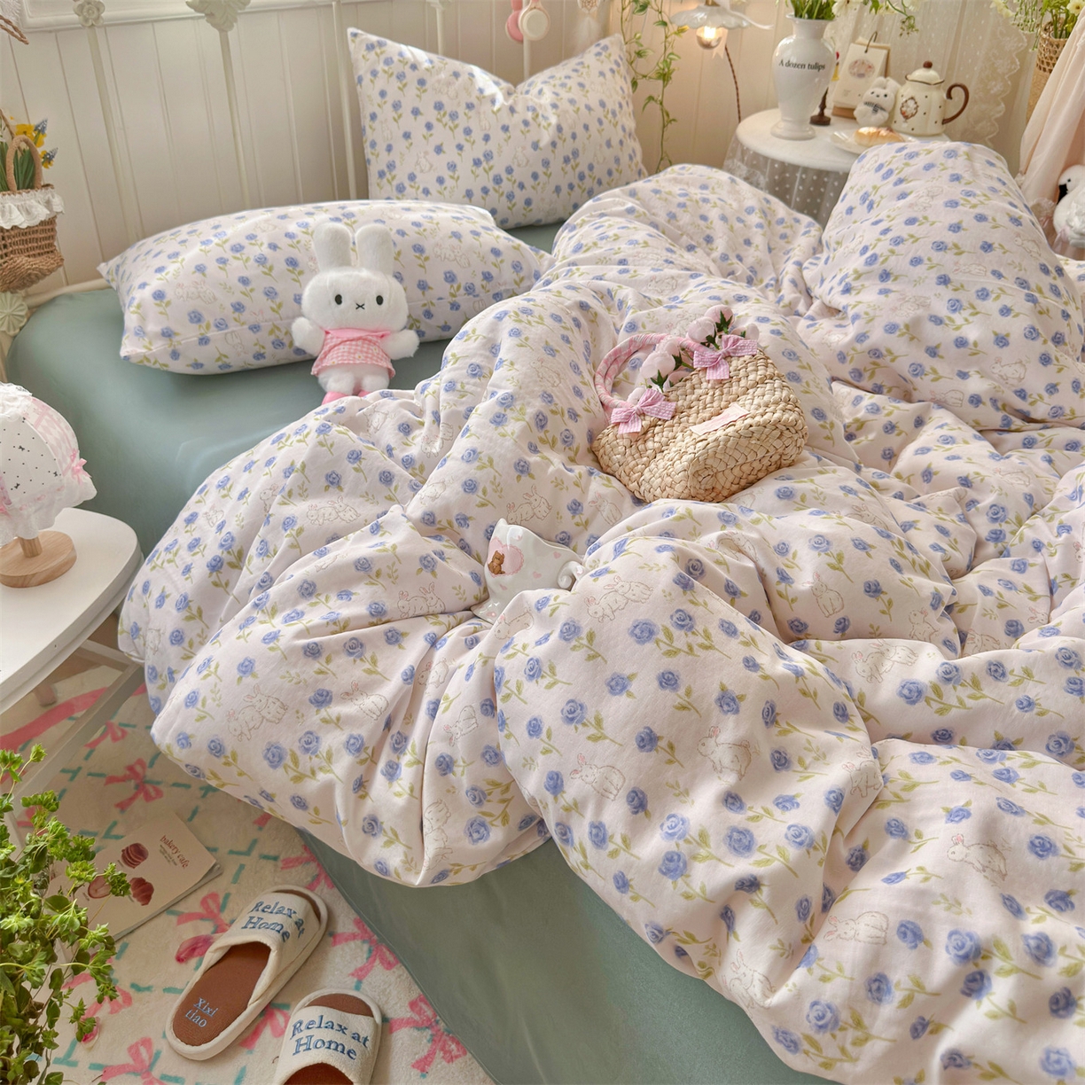 91家纺网 家纺一手货源 找家纺 名兮家居 2026春夏新款全棉纯棉A类双层纱四件套 双层纱-兰花小兔