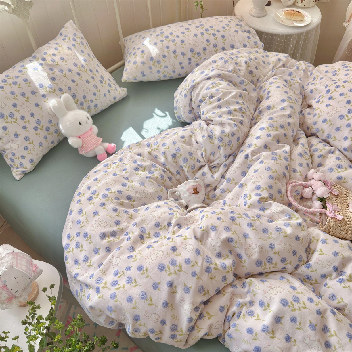 91家纺网 家纺一手货源 找家纺 名兮家居 2026春夏新款全棉纯棉A类双层纱四件套 双层纱-兰花小兔