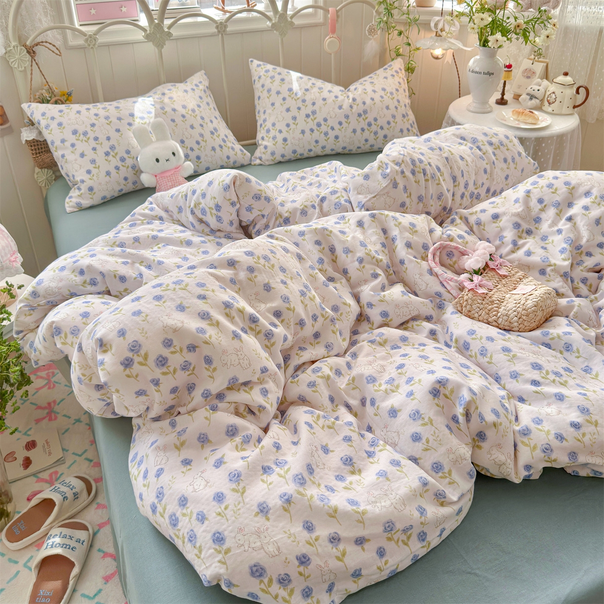 91家纺网 家纺一手货源 找家纺 名兮家居 2026春夏新款全棉纯棉A类双层纱四件套 双层纱-兰花小兔