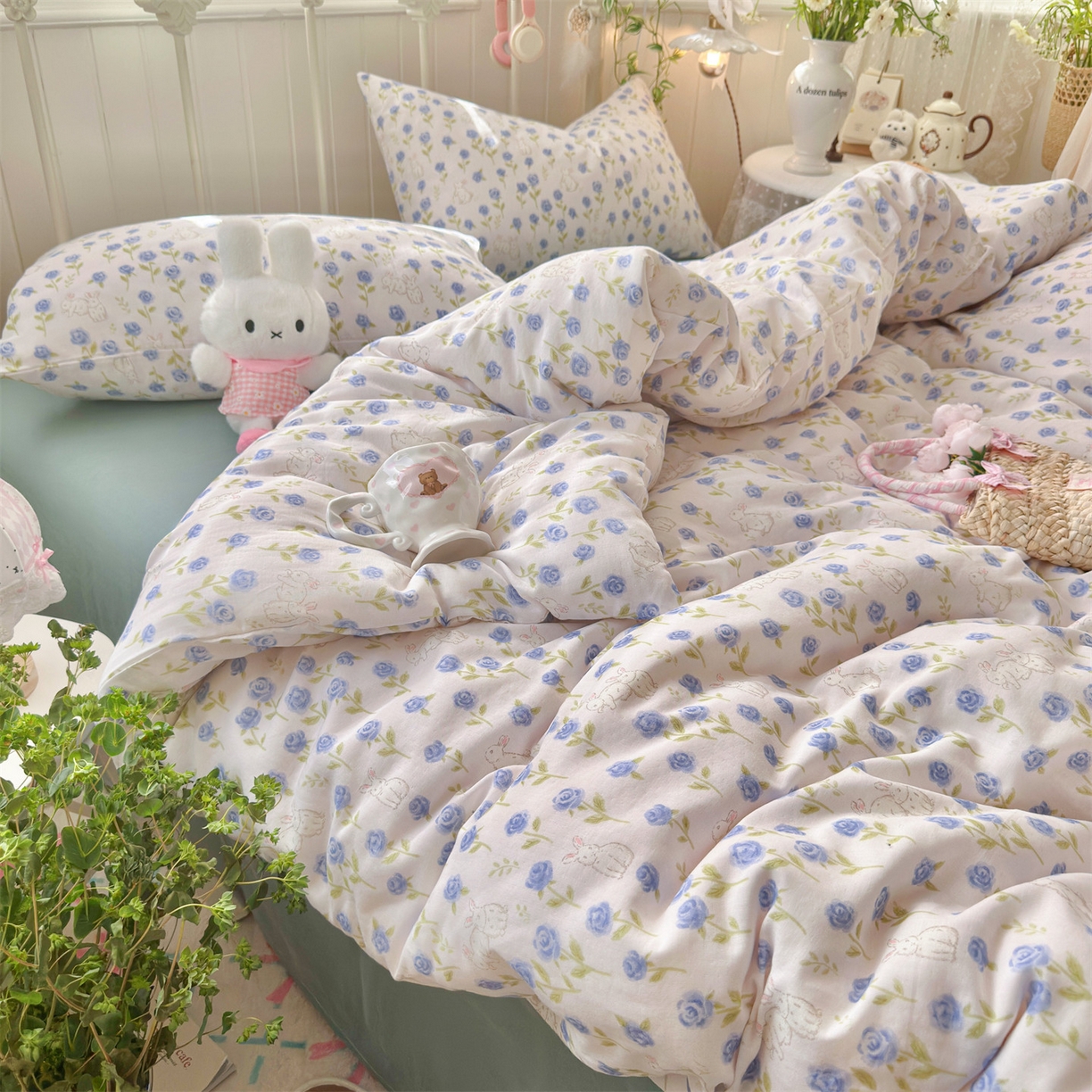 91家纺网 家纺一手货源 找家纺 名兮家居 2026春夏新款全棉纯棉A类双层纱四件套 双层纱-兰花小兔