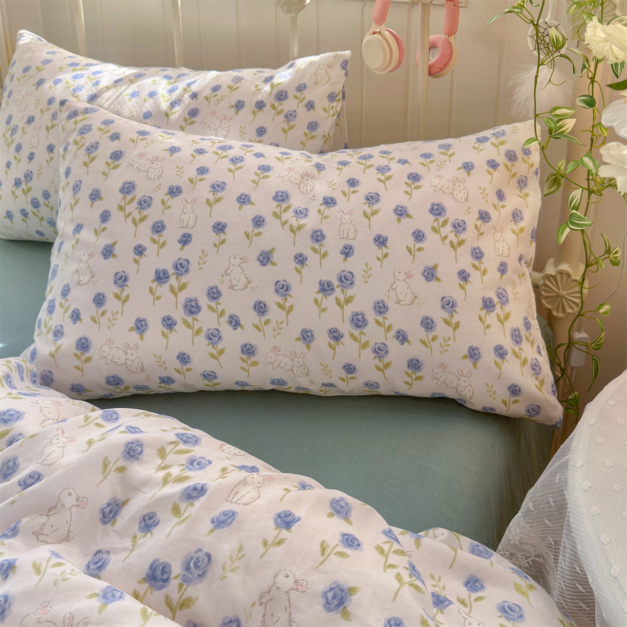 91家纺网 家纺一手货源 找家纺 名兮家居 2026春夏新款全棉纯棉A类双层纱四件套 双层纱-兰花小兔