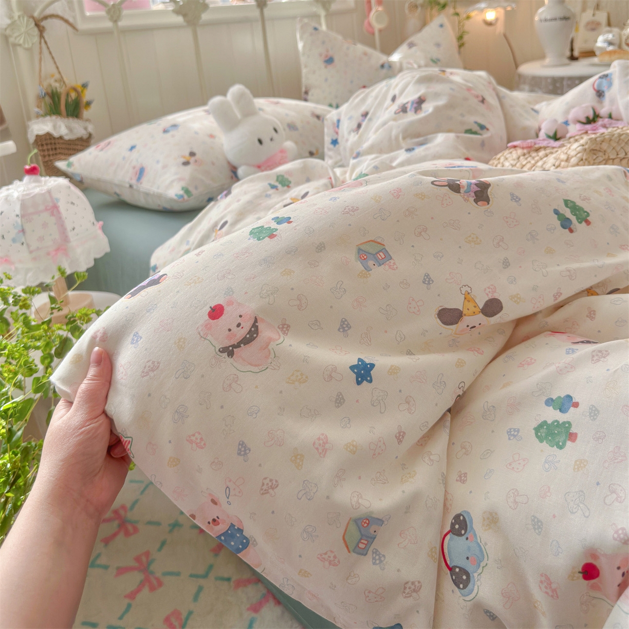 91家纺网 家纺一手货源 找家纺 名兮家居 2026春夏新款全棉纯棉A类双层纱四件套 双层纱-蘑菇屋