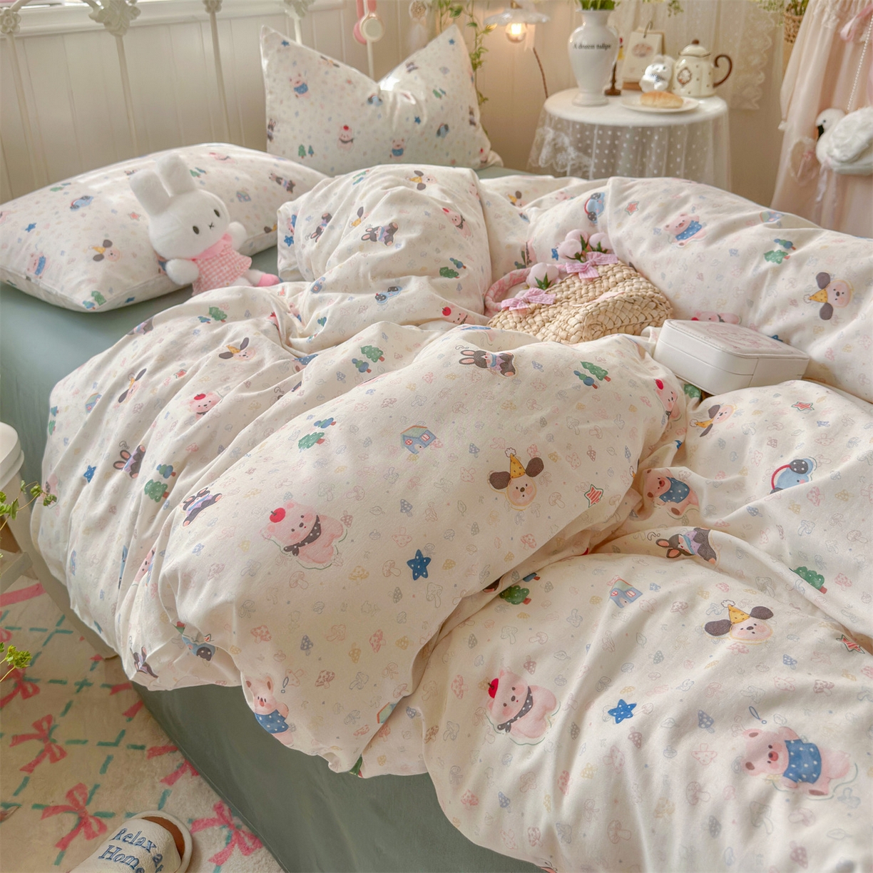 91家纺网 家纺一手货源 找家纺 名兮家居 2026春夏新款全棉纯棉A类双层纱四件套 双层纱-蘑菇屋