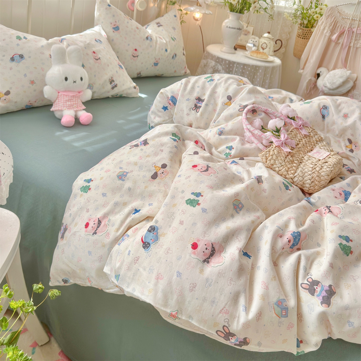 91家纺网 家纺一手货源 找家纺 名兮家居 2026春夏新款全棉纯棉A类双层纱四件套 双层纱-蘑菇屋