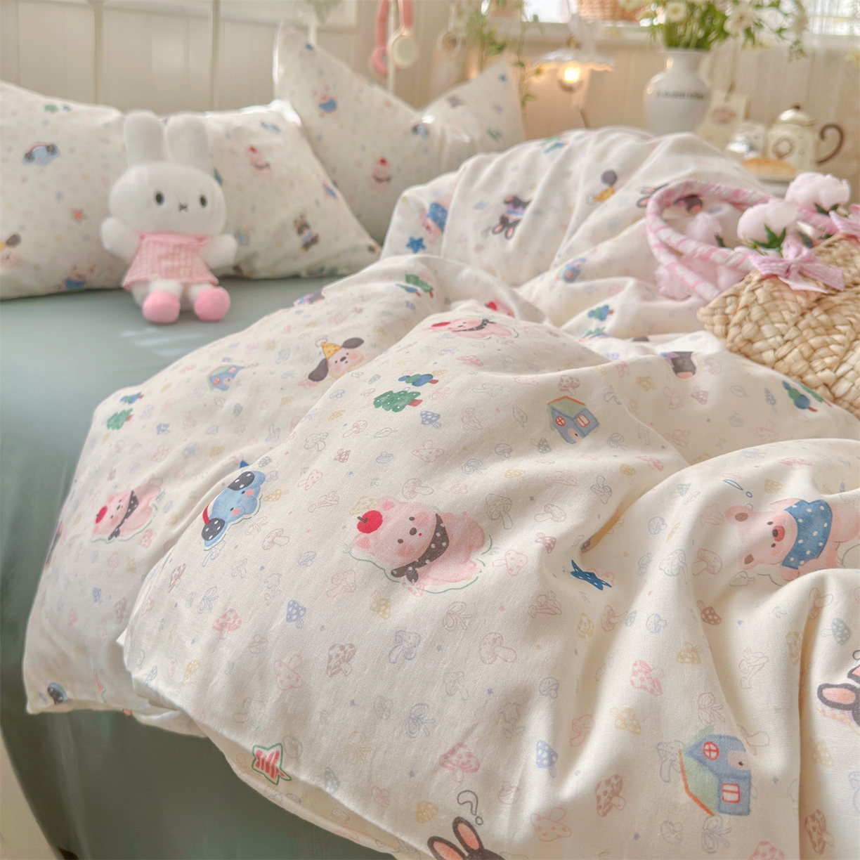 91家纺网 家纺一手货源 找家纺 名兮家居 2026春夏新款全棉纯棉A类双层纱四件套 双层纱-蘑菇屋