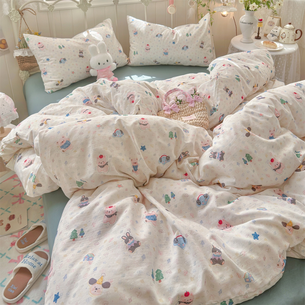 91家纺网 家纺一手货源 找家纺 名兮家居 2026春夏新款全棉纯棉A类双层纱四件套 双层纱-蘑菇屋