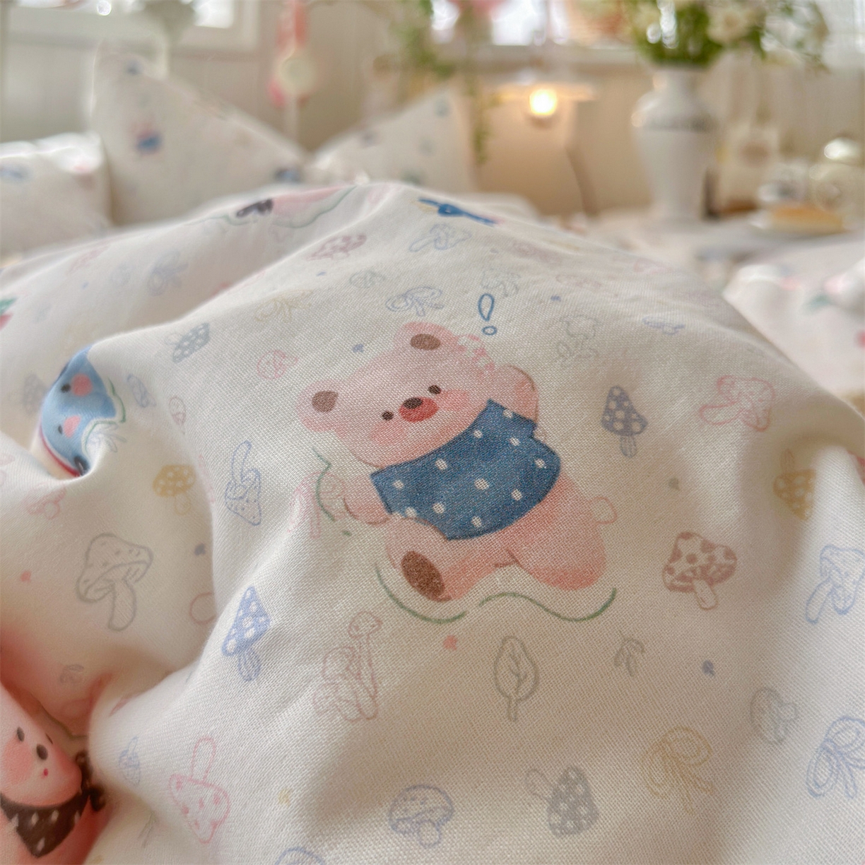 91家纺网 家纺一手货源 找家纺 名兮家居 2026春夏新款全棉纯棉A类双层纱四件套 双层纱-蘑菇屋