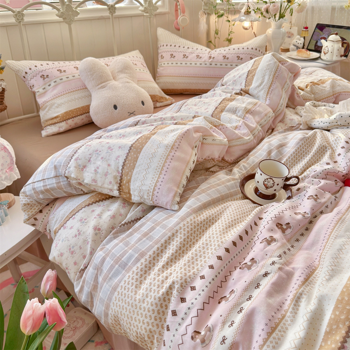 91家纺网 家纺一手货源 找家纺 名兮家居 2026春夏新款全棉纯棉A类双层纱四件套 双层纱-木马集