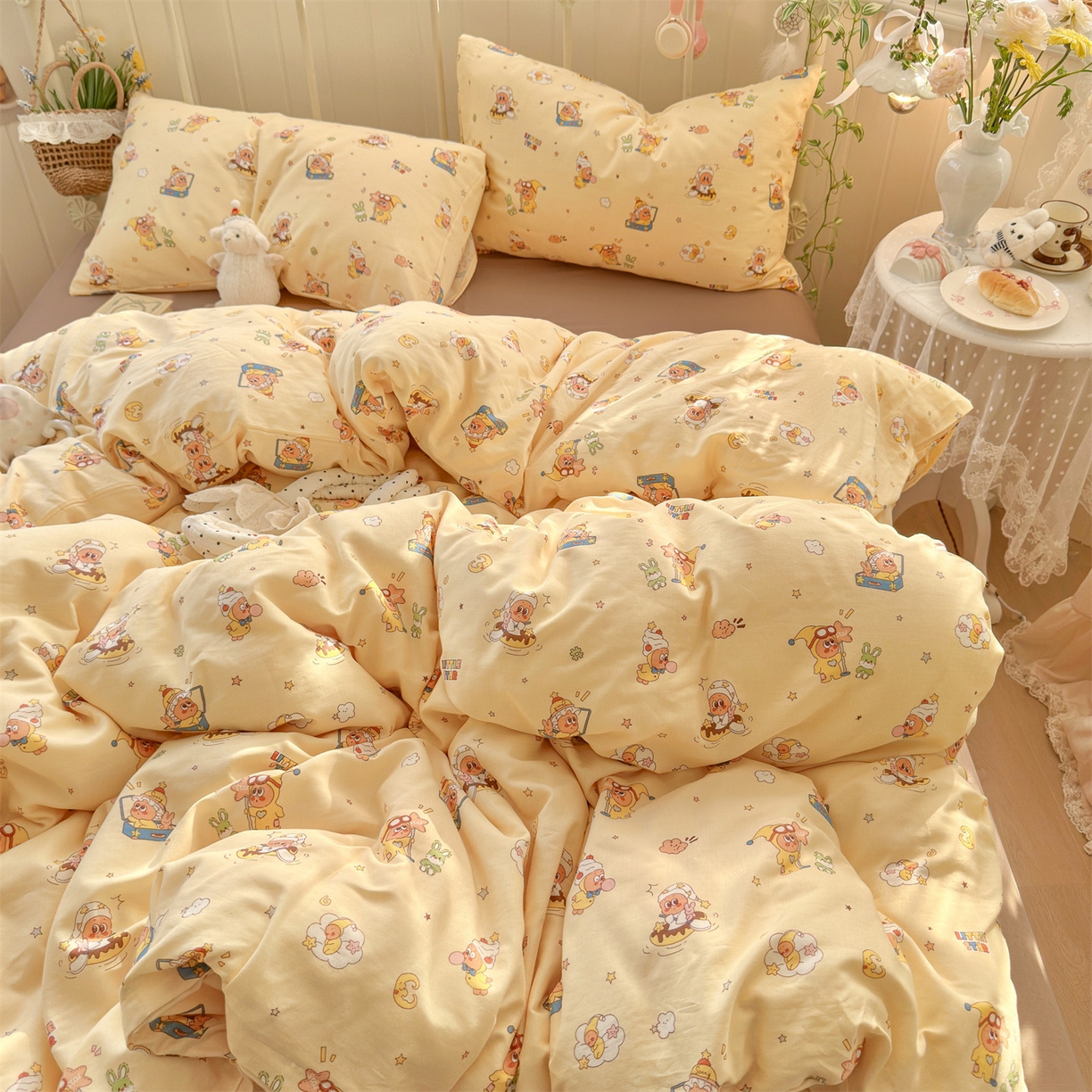 名兮家居 2026春夏新款全棉纯棉A类双层纱四件套 双层纱-奶黄星仔