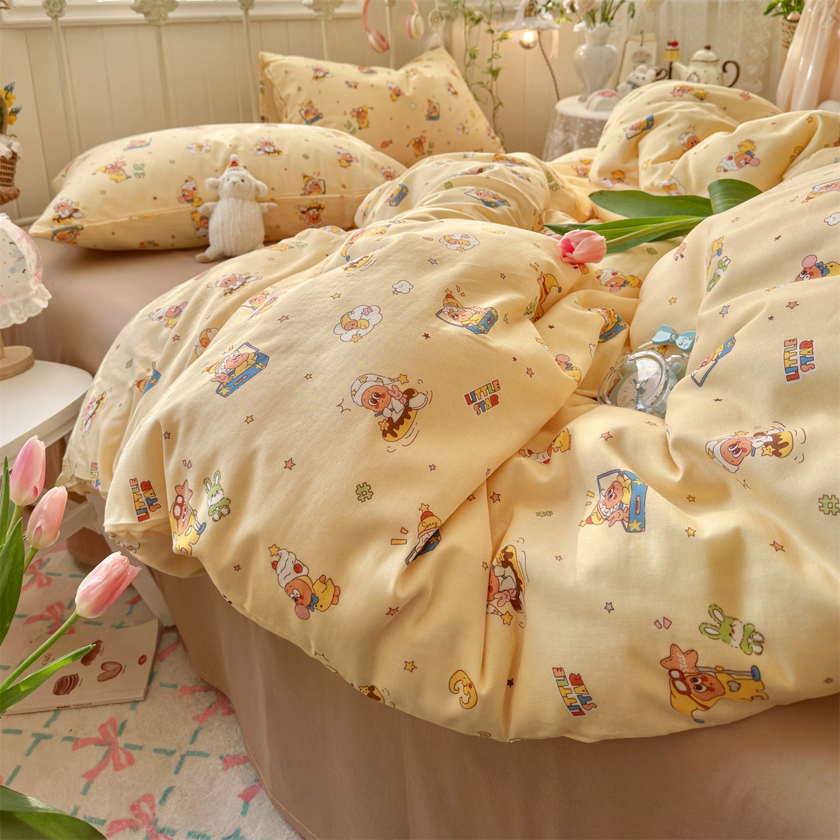 91家纺网 家纺一手货源 找家纺 名兮家居 2026春夏新款全棉纯棉A类双层纱四件套 双层纱-奶黄星仔